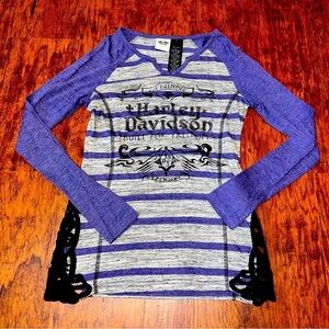 Harley-Davidson® Women's Crochet Accent Long Sleeve Striped Shirt Purple Gray